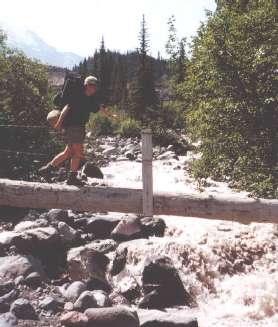 narrow bridge at Wintrop Creek on the Wonderland Trail, which circles Mt. Rainier