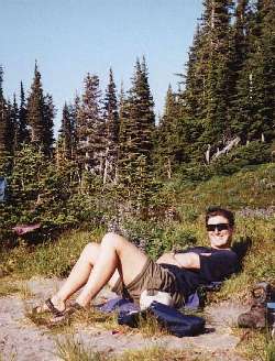 Rachel by Mystic Lake on the Wonderland Trail, which encircles Mount Rainier