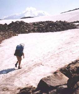 Crossing a snowfield atop Spray Park, which isn't on the official Wonderland Trail