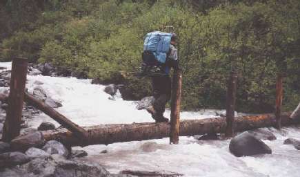 White River log bridge on the east side of the Wonderland Trail. Mt. Rainier lives up to its name today!